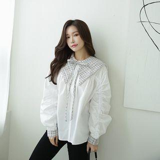Tweed-collar Shirred Blouse Ivory - One Size