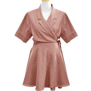 Notched Lapel Wrap Front Short-sleeve A-line Dress
