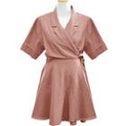 Notched Lapel Wrap Front Short-sleeve A-line Dress