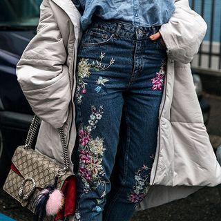 Floral Embroidered Straight Leg Jeans Dark Blue - 3xl
