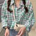 Long-sleeve Plaid Cropped Top Green - One Size
