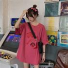 Cartoon Print Elbow-sleeve T-shirt Pink - One Size