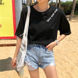 Print Distressed Round-neck Short-sleeve Top
