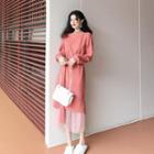 Mock Neck Long-sleeve Shift Dress/ Midi H-line Mesh Skirt