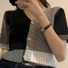 Short-sleeve Color Block Cropped Cardigan Black Gray - One Size