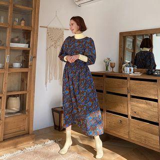 Bishop-sleeve Floral Long Dress Charcoal Gray - One Size