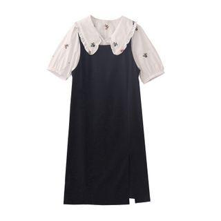 Floral Button-up Oversize Cropped Shirt / Plain A-line Split Dress