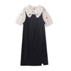Floral Button-up Oversize Cropped Shirt / Plain A-line Split Dress