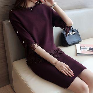 Set: Faux Pearl Embellished Fringed Sweater + Knit Skirt