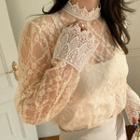 Crochet-trim See-through Lace Top Light Beige - One Size