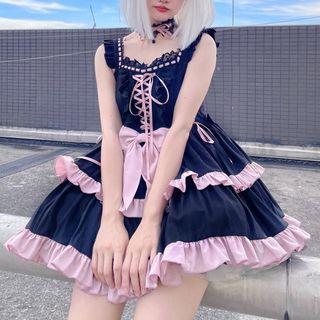 Spaghetti Strap Lace Trim Bow Accent Mini A-line Dress / Choker / Cat Ear Headpiece / Set