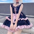 Spaghetti Strap Lace Trim Bow Accent Mini A-line Dress / Choker / Cat Ear Headpiece / Set