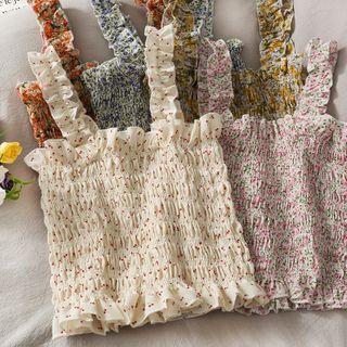 Floral Ruffled-trim Smocked Crop Top In 15 Colors