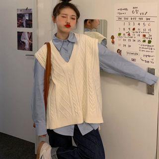 V Neck Plain Cable-knit Vest Vest - Off-white - One Size