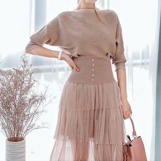 Set: Button Accent Long-sleeve Knit Top + Midi A-line Tiered Skirt