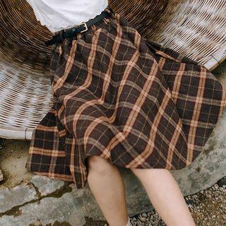 Plaid A-line Skirt Khaki - One Size