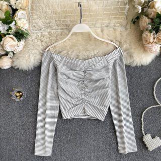 Long-sleeve Striped Off-shoulder Ruffle Top