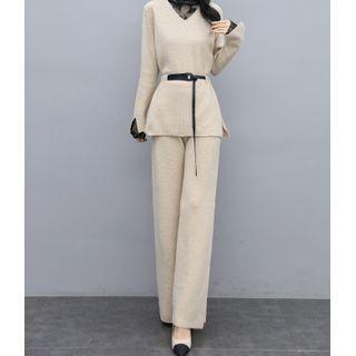 Set: Lace Trim Sweater + Wide-leg Pants