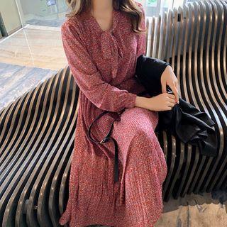 Long-sleeve Tie-neck Floral Chiffon A-line Midi Dress