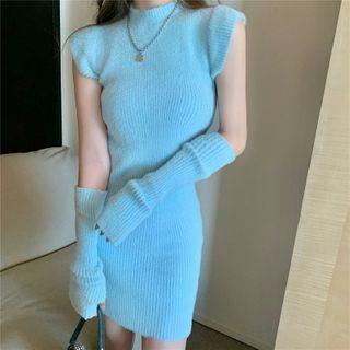 Set: Cap-sleeve Plain Knit Mini Dress + Arm Sleeves