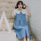 Short-sleeve Collar Top / Denim Midi A-line Overall Dress / Set