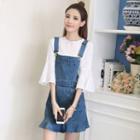 Set: 3/4-sleeve Lace Top + Denim Mini Jumper Dress