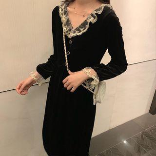 Lace Trim V-neck Midi A-line Dress