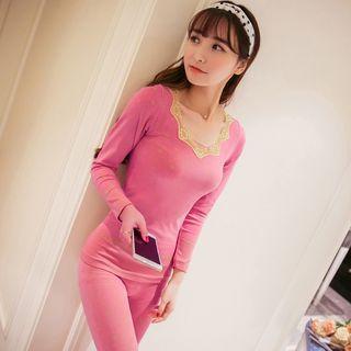 Set: Lace Trim Printed Long-sleeve Top + Leggings