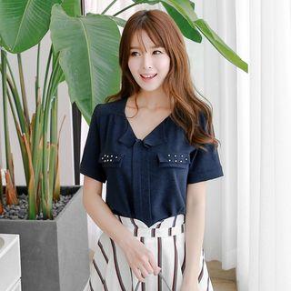 Beaded Short-sleeve Open Placket Blouse