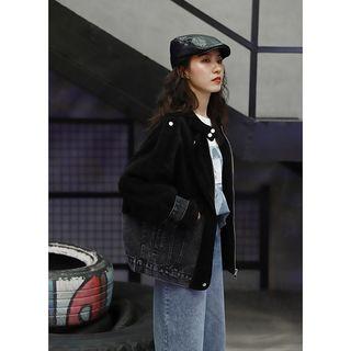Corduroy Panel Zip Denim Jacket Black - One Size