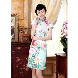 Cap-sleeve Peony Silk Cheongsam