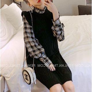 Set: Long-sleeve Plaid Shirt + Long Knit Vest