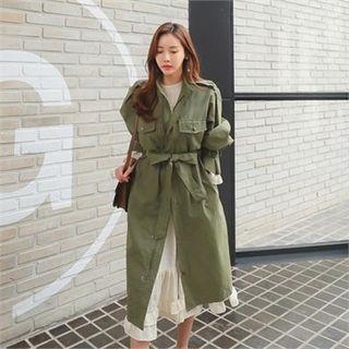 Epaulet Flap-pocket Long Parka With Sash