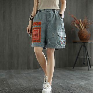 Letter Embroidered Denim Shorts Blue - One Size