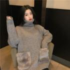 Furry Trim Turtleneck Sweater