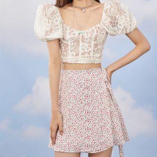 Floral Lace-up A-line Skirt