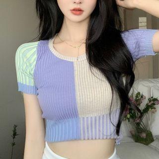 Short-sleeve Color Block Crop Knit Top