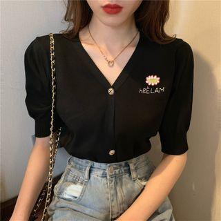 Flower Embroidered Short-sleeve Knit Cardigan