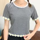 Floral Trim Striped Short-sleeve T-shirt
