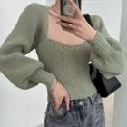 Puff-sleeve Square-neck Ribbed Knit Crop Top
