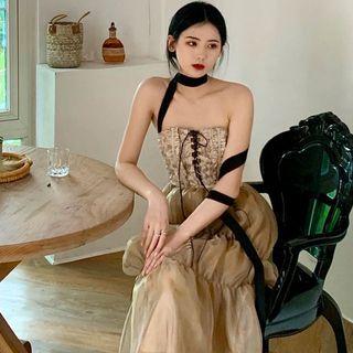 Spaghetti-strap Halter Neck Mesh Maxi A-line Dress