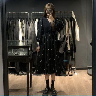 Puff-sleeve Floral Embroidered Midi Knit Dress Black - One Size