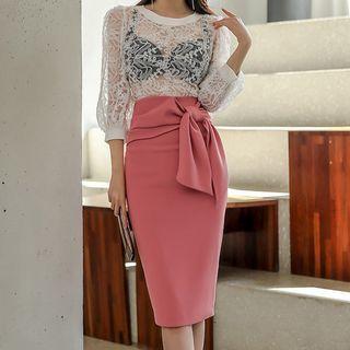 Set: 3/4-sleeve Lace Blouse + Midi Fitted Skirt
