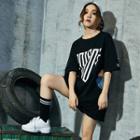 Elbow-sleeve Lettering Cutout Oversized T-shirt