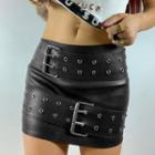 Pu Leather Miniskirt With Belt Strap Details