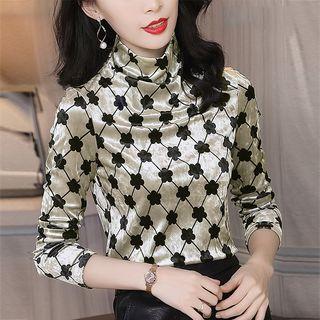Long-sleeve Mock-neck Patterned Velvet Top