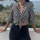 Long-sleeve Checked Tie-front Crop Top