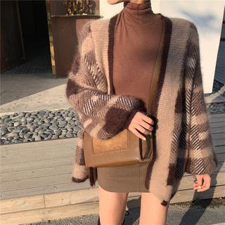 Set: Plaid Cardigan + Mini Fitted Skirt + Long-sleeve Turtle Neck T-shirt