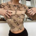 Set: Long-sleeve Chinese Character Print Mesh Shrug + Tube Top