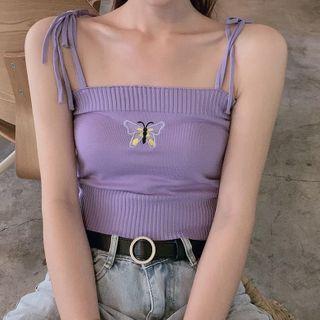 Butterfly Embroidered Knit Cropped Camisole Top